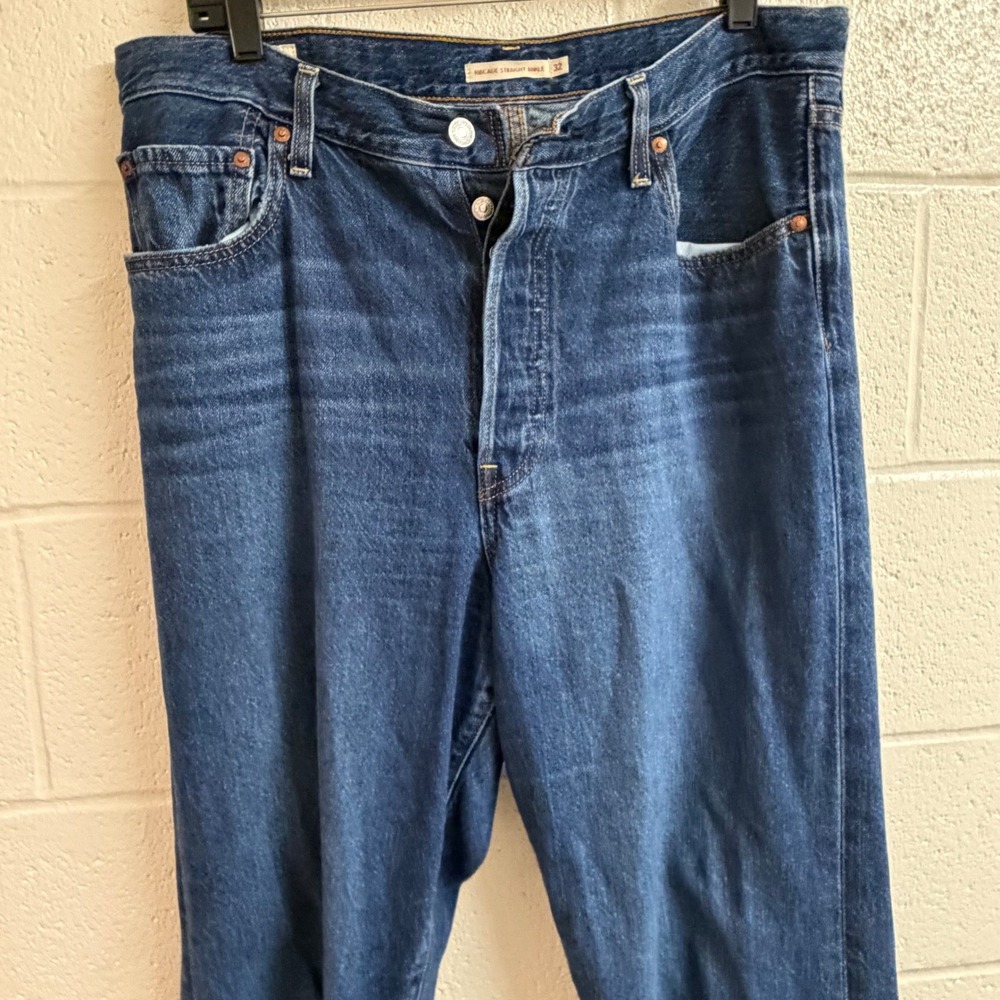 Levis Mens Ribcage Straight Ankle Jeans 32 Blue Denim Raw Hem High Rise Casual